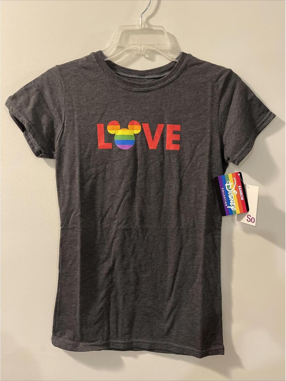 Disney Gray Tee with Rainbow Mickey LOVE Graphic